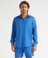 Chemise en laine homme unie Bleu de mer vue portée de face