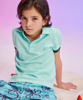 Boys Cotton Pique Polo Shirt Solid Lagoon 正面穿戴视图