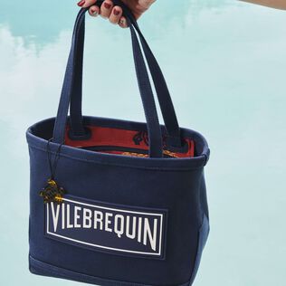 Sac de plage en toile marine uni Bleu marine vue portée de face