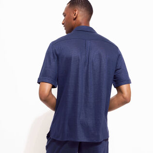 Camisa de bolos unisex en lino de color liso Azul marino vista trasera desgastada