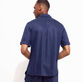 Unisex Linen Jersey Bowling Shirt Solid Azul marino vista trasera desgastada