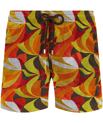 1984 Invisible Fish Badeshorts mit Stickerei für Herren – Limited Edition Erde Vorderansicht