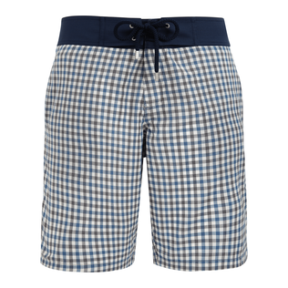 Maillot de bain homme en laine mérinos Carreaux - Vilebrequin x The Woolmark Company Gris/bleu vue de face