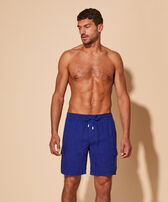 Men Linen Bermuda Shorts Cargo Pockets Ink front worn view