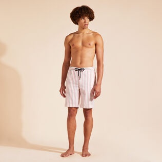 Men Striped Cotton Linen Bermuda Shorts Pastel pink front worn view