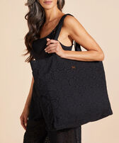 Broderies Anglaises Unisex Strandtasche aus Baumwolle Schwarz Vorderseite getragene Ansicht