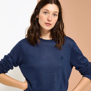 Unisex Linen Long Sleeves T-shirt Solid Navy details view 3
