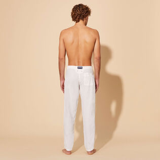 Men Straight Linen Pants Solid White back worn view