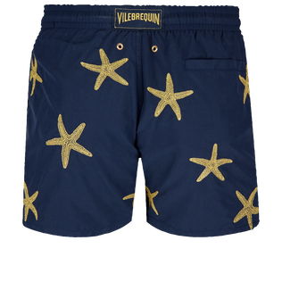 Men Swim Trunks Placed Gold Embroidery Starfish Dance - Limited Edition Navy back view