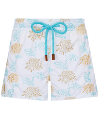 Pantalón corto de baño iridiscente bordado con estampado Flowers of Joy para mujer Blanco vista frontal
