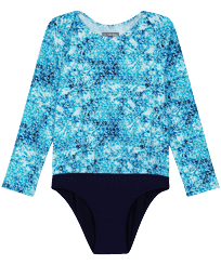 Bañador de una sola pieza con protección solar cremallera y estampado Flowers Tie & Dye para niña Azul marino vista frontal