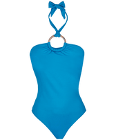 Women One-piece Swimsuit Low Back Solid Scuba blue front view