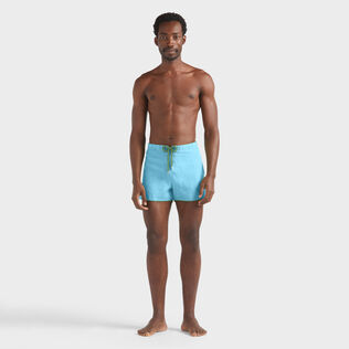 Men Linen Swim Trunks Solid Blue topaz front worn view