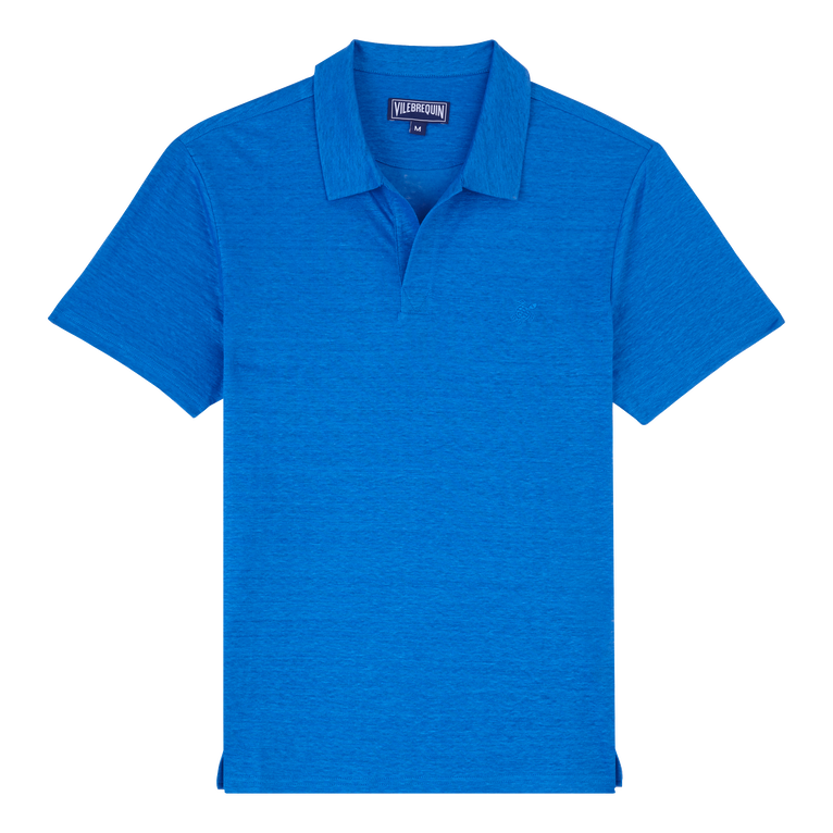 Men Linen Jersey Polo Shirt Solid - Pyramid - Blue - Size M - Vilebrequin