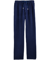 Men Linen Pants Solid Navy front view