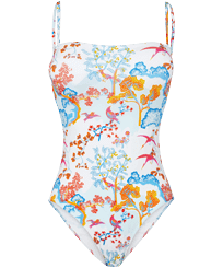 Bañador de una sola pieza tipo bustier con estampado Peaceful Trees para mujer Blanco vista frontal