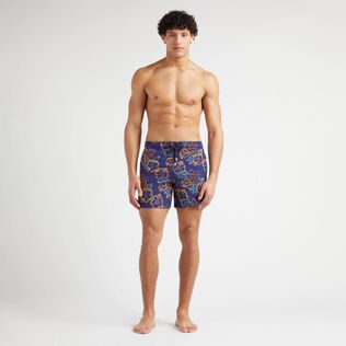 Men Swim Trunks Embroidered Hibiscus - Limited Edition Midnight front worn view