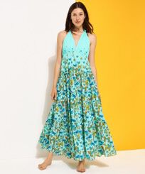 Robe longue dos nu en coton femme Butterflies Lagon vue portée de face