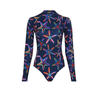 Women UV Protection One-piece Rashguard Disco Stars Navy front view