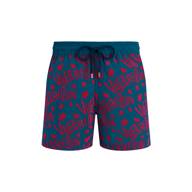 Vilebrequin Men Swim Shorts Flocked Ronde Des Tortues Logo - Moorea - Blue - Size L