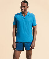 Men Linen Jersey Polo Solid Calanque front worn view
