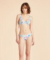 Top de bikini con aros y estampado Happy Flowers para mujer Blanco vista frontal desgastada
