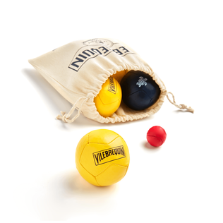 Pack jeu pétanque bleu en cuir recyclé - Vilebrequin x La Mariole Marine/soleil vue de détail 2