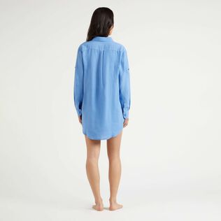 Women Linen Shirt Dress Solid Jeans blue back worn view