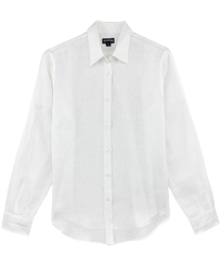 Women long sleeves Linen Shirt Solid White front view