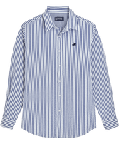Men Striped Seersucker Shirt Jeans blue front view
