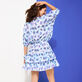 Women Short Ruffles Cotton Dress Flash Flowers Purple blue back worn view