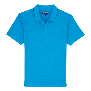 Polo en jersey de lin homme uni Bleu hawai vue de face