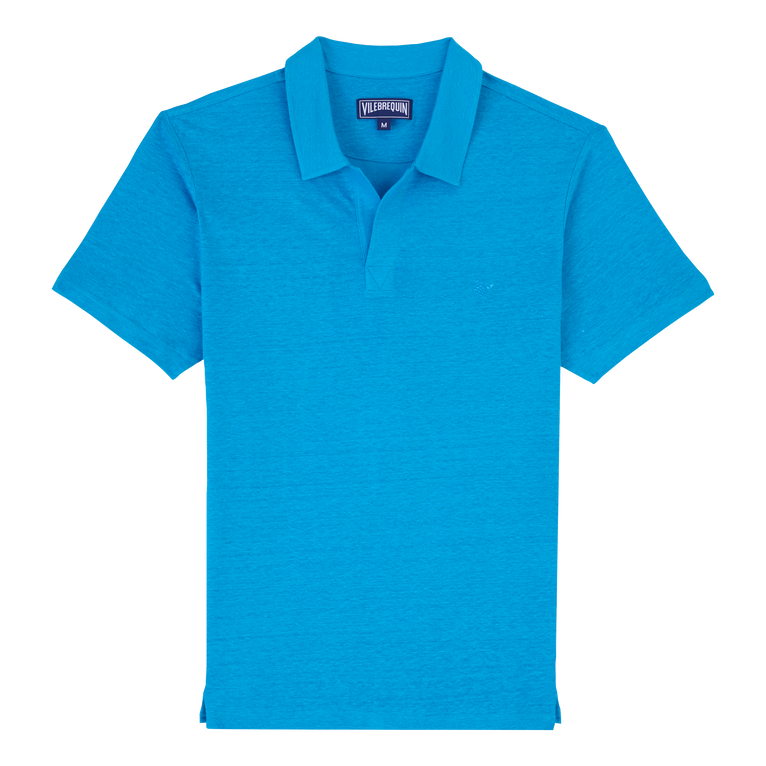 Men Linen Jersey Polo Shirt Solid - Polo - Pyramid - Blue - Size L - Vilebrequin
