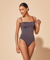 Bañador brillante estilo bustier de una sola pieza con estampado Modore para mujer Azul marino vista frontal desgastada