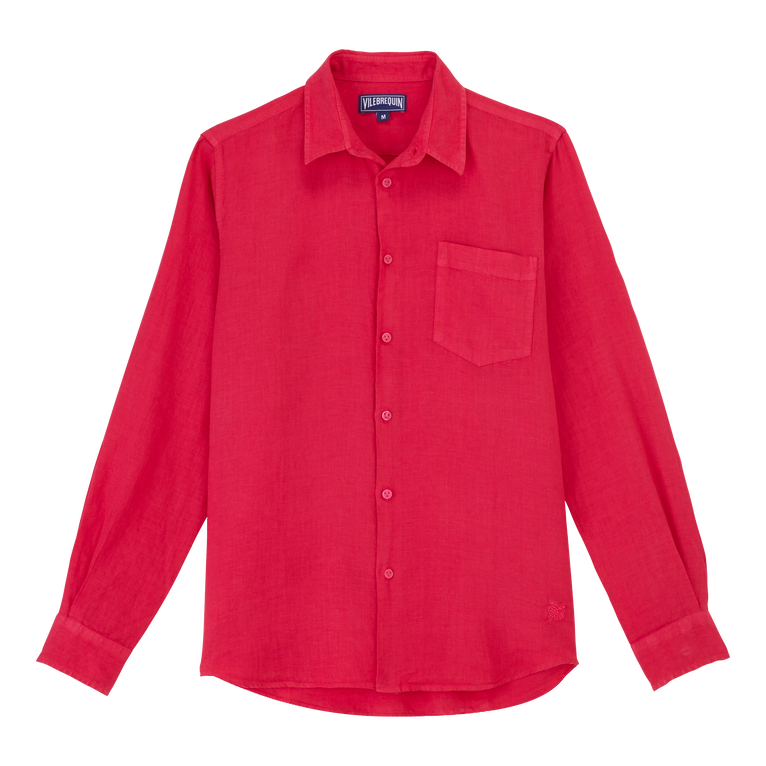 Men Linen Shirt Solid - Caroubis - Red - Size M - Vilebrequin