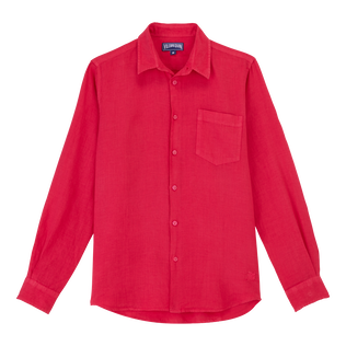 Men Linen Shirt Solid Gooseberry red front view