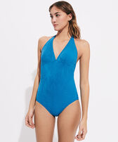 Bañador de una sola pieza anudado alrededor del cuello con estampado de jacquard Plumes para mujer Calanque vista frontal desgastada