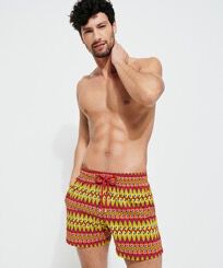 Men Stretch Swim Trunks Fish on Line Burgundy front worn view