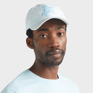 Unisex Linen Cap Solid Pacific front worn view