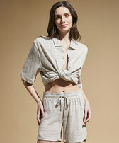 Unisex Linen Bowling Shirt Solid Lihght gray heather women front worn view