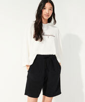 中性纯色毛圈布百慕大短裤 Black 女性正面穿戴视图