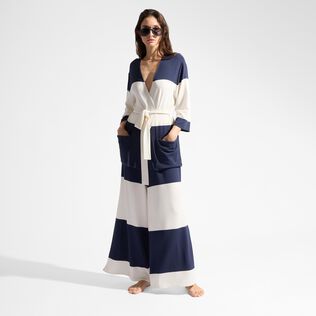 Women Viscose Jersey Striped Beachjama Top Navy front worn view