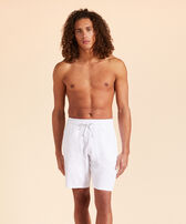 Unisex Terry Bermuda Shorts Solid White front worn view