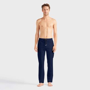 Men Elastic waist Tencel Satin Pants Navy front worn view