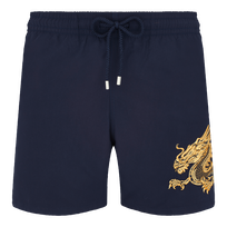 Men Placed Embroidery Swim Shorts The Year of the Dragon Navy front view
