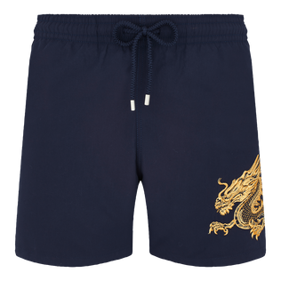 Men Swim Trunks Placed Embroidery The Year of the Dragon Navy front view