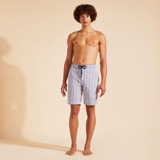 Men Striped Cotton Linen Bermuda Shorts Midnight front worn view