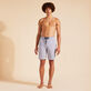 Men Striped Cotton Linen Bermuda Shorts Midnight front worn view