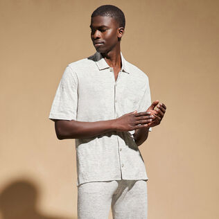 Camisa de bolos unisex en lino de color liso Lihght gray heather detalles vista 2
