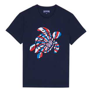 T-shirt en coton organique homme Tortue tricolore brodée Bleu marine vue de face
